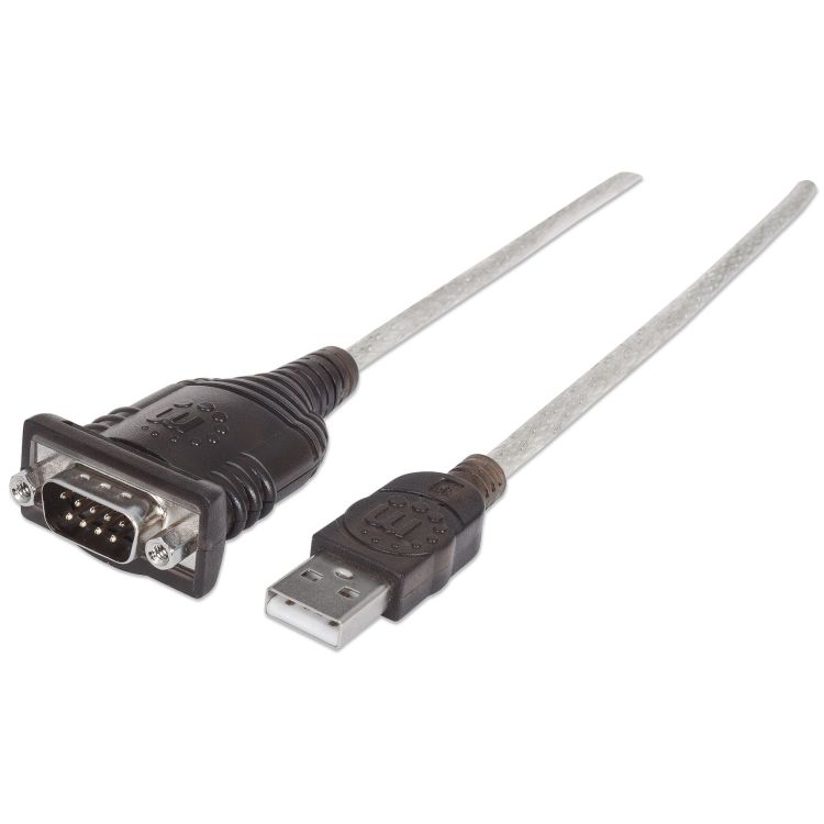 Manhattan USB-A to Serial Converter cable, 45cm, Male to Male, Serial/RS232/COM/DB9, Prolific PL-2303HXD Chip, Black/Silver cable, Three Year Warranty