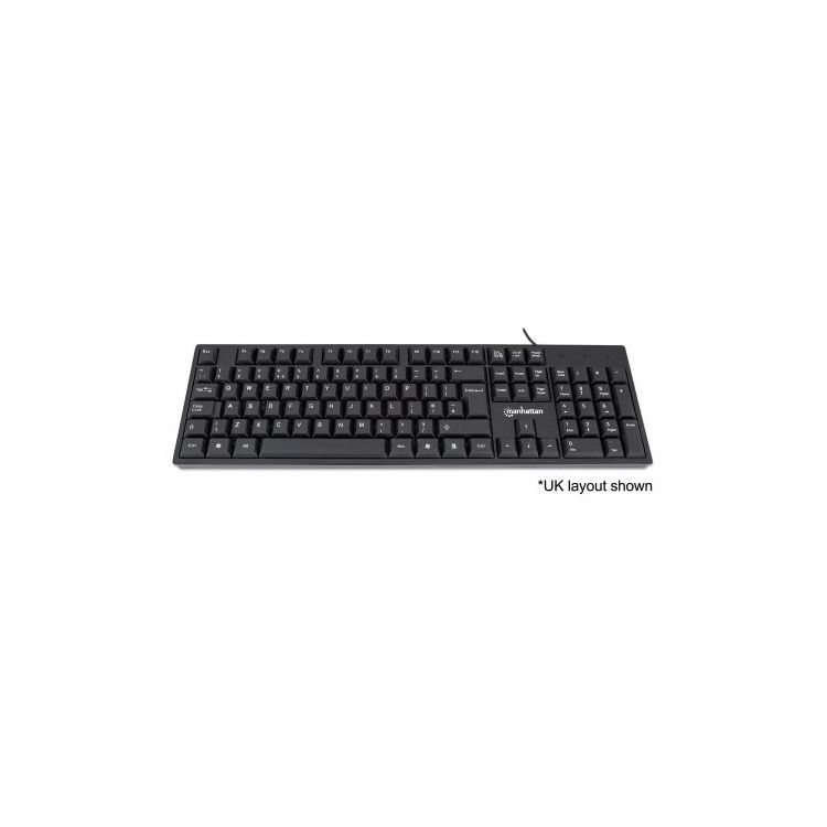 Manhattan Keyboard UK USB Wired, Standard Qwerty layout, Black, Full Size Keys, Cable 1.5m, USB-A connection, Plug and Play, Three Year Warranty, Retail Boxed